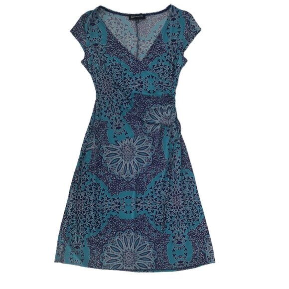 Jones New York Teal and Navy Mandala Print Faux Wrap Dress Size 6 - Picture 4 of 6